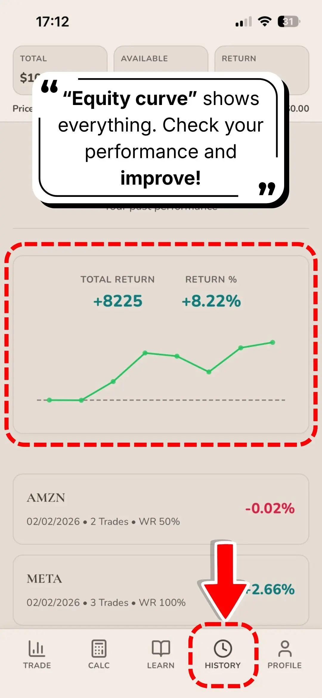 Trade history and performance